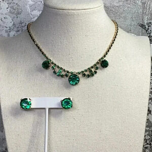 Green and Gold Rhinestone Set Necklace and Earrings 1950’s style Bling